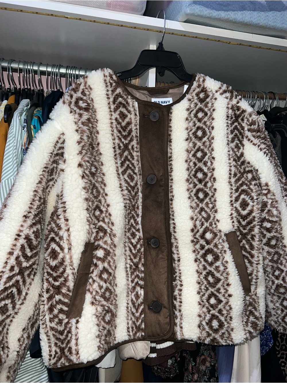 Old Navy Brown and Cream Patterned Teddy Jacket
